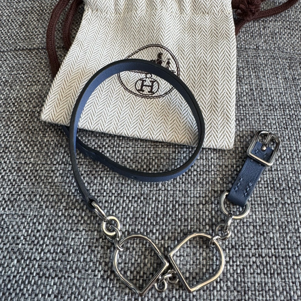 Hermès Blue Leather Étrier Double Tourn wrap Bracelet with Silver Hardwarei